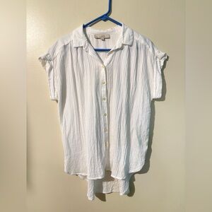 Loft  Womens White Gauzy Cotton Shirt Sz M Short Sleeve Stripped Textured Summer